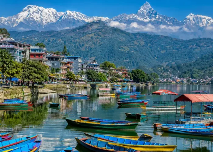 Bright daytime view of Pokhara with Phewa Lake, colorful boats, lakeside town, green hills, and snow-capped mountains.
