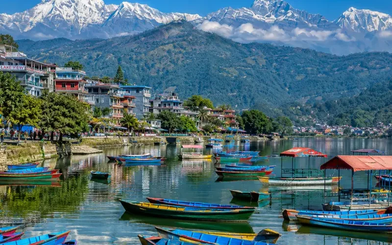 Bright daytime view of Pokhara with Phewa Lake, colorful boats, lakeside town, green hills, and snow-capped mountains.