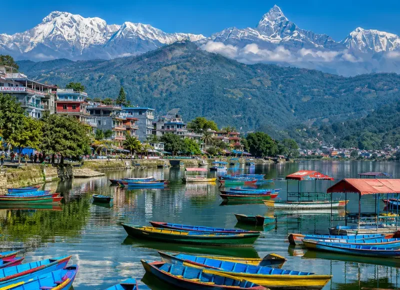 Bright daytime view of Pokhara with Phewa Lake, colorful boats, lakeside town, green hills, and snow-capped mountains.