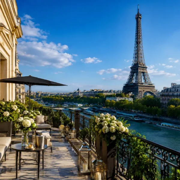 Luxury Paris terrace overlooking the Eiffel Tower, Seine River, elegant balcony seating, flowers, and clear blue sky.