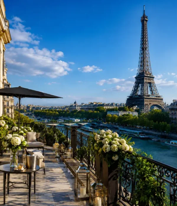 Luxury Paris terrace overlooking the Eiffel Tower, Seine River, elegant balcony seating, flowers, and clear blue sky.
