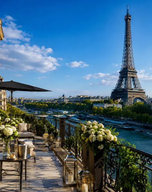 Luxury Paris terrace overlooking the Eiffel Tower, Seine River, elegant balcony seating, flowers, and clear blue sky.