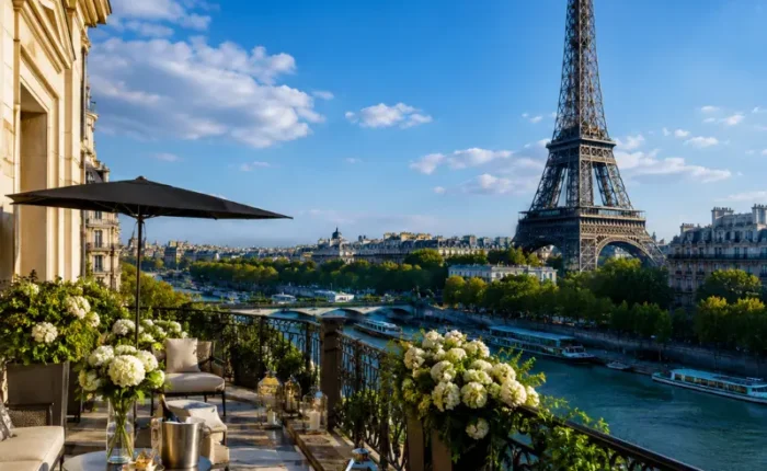 Luxury Paris terrace overlooking the Eiffel Tower, Seine River, elegant balcony seating, flowers, and clear blue sky.