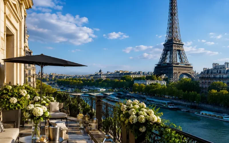 Luxury Paris terrace overlooking the Eiffel Tower, Seine River, elegant balcony seating, flowers, and clear blue sky.