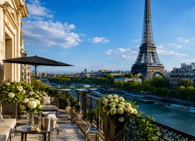 Luxury Paris terrace overlooking the Eiffel Tower, Seine River, elegant balcony seating, flowers, and clear blue sky.