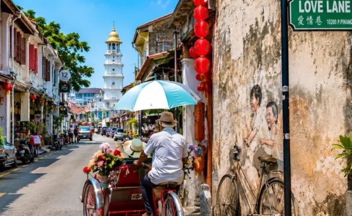 Penang Malaysia heritage street with colorful George Town architecture and tropical city charm in daylight