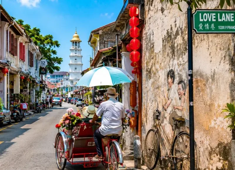 Penang Malaysia heritage street with colorful George Town architecture and tropical city charm in daylight