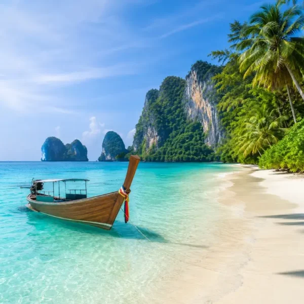 Phuket Island beach with turquoise water, long-tail boat, white sand and tropical limestone cliffs