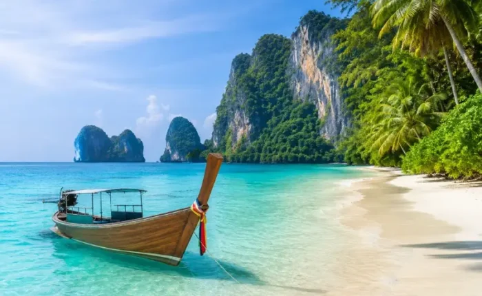 Phuket Island beach with turquoise water, long-tail boat, white sand and tropical limestone cliffs