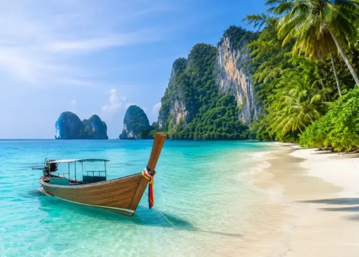 Phuket Island beach with turquoise water, long-tail boat, white sand and tropical limestone cliffs