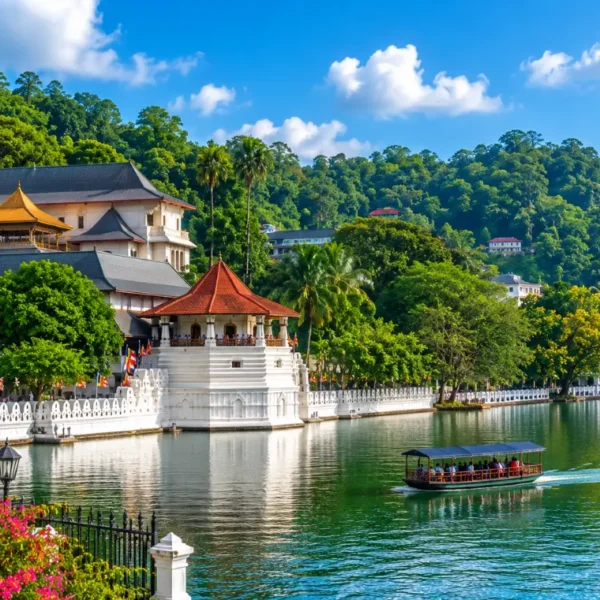 Bright daytime view of Kandy Sri Lanka with Kandy Lake, lush green hills, and the Temple of the Sacred Tooth Relic.