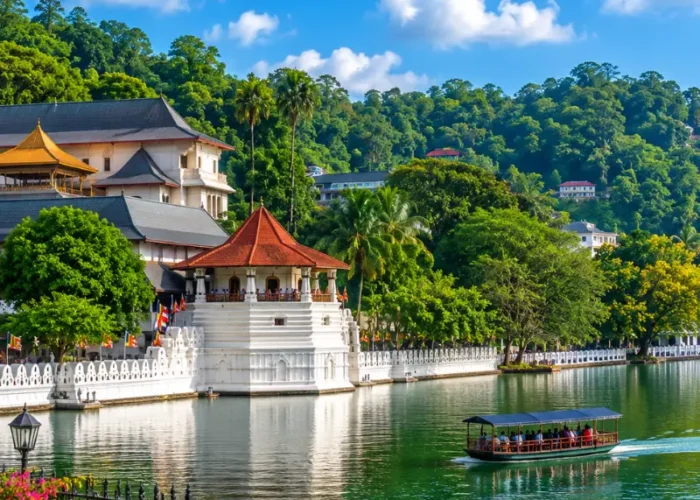 Bright daytime view of Kandy Sri Lanka with Kandy Lake, lush green hills, and the Temple of the Sacred Tooth Relic.