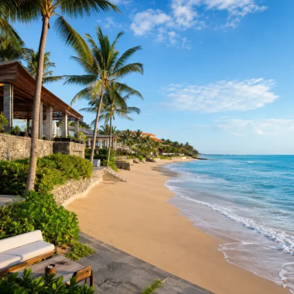 Seminyak, Bali beachfront with golden sand, turquoise sea, swaying palm trees, and luxury seaside villas in clear daylight.