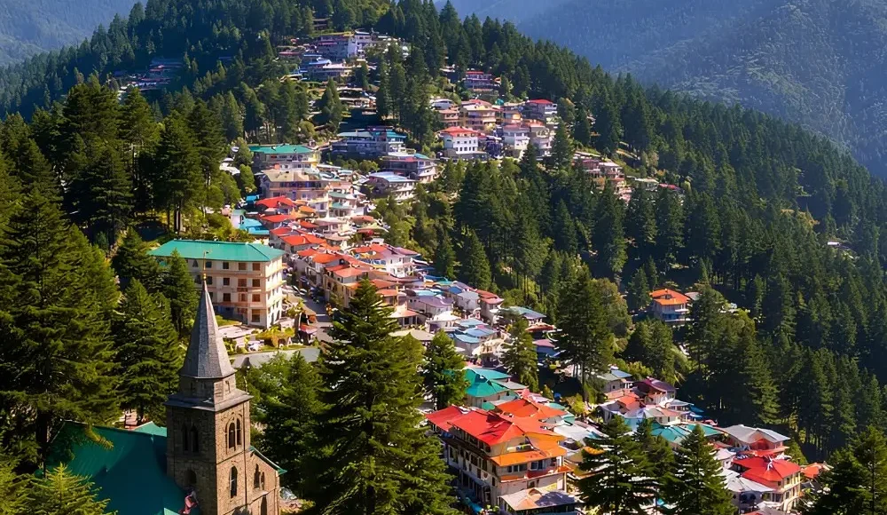 Shimla Manali Dharamshala Dalhousie package with hillside town, pine forest and snow covered Himachal mountains