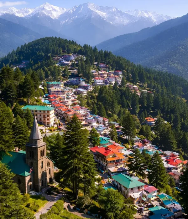 Shimla Manali Dharamshala Dalhousie package with hillside town, pine forest and snow covered Himachal mountains