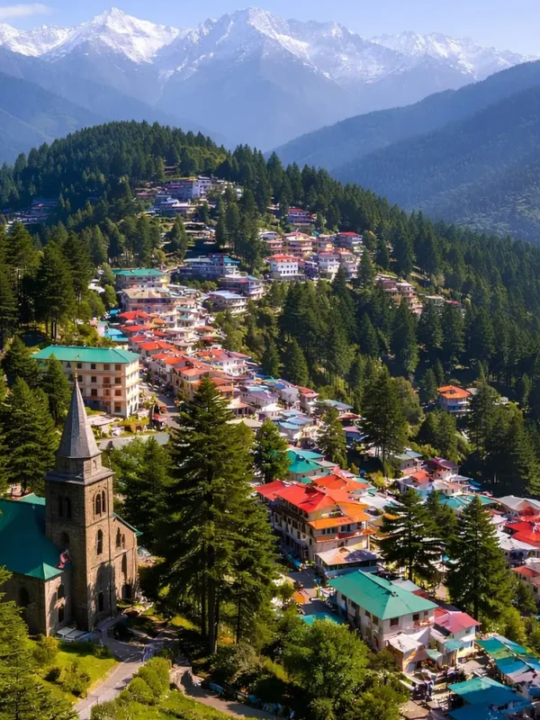 Shimla Manali Dharamshala Dalhousie package with hillside town, pine forest and snow covered Himachal mountains