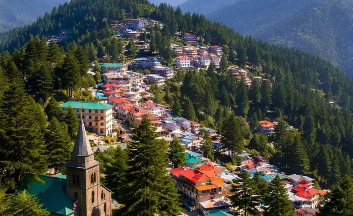 Shimla Manali Dharamshala Dalhousie package with hillside town, pine forest and snow covered Himachal mountains