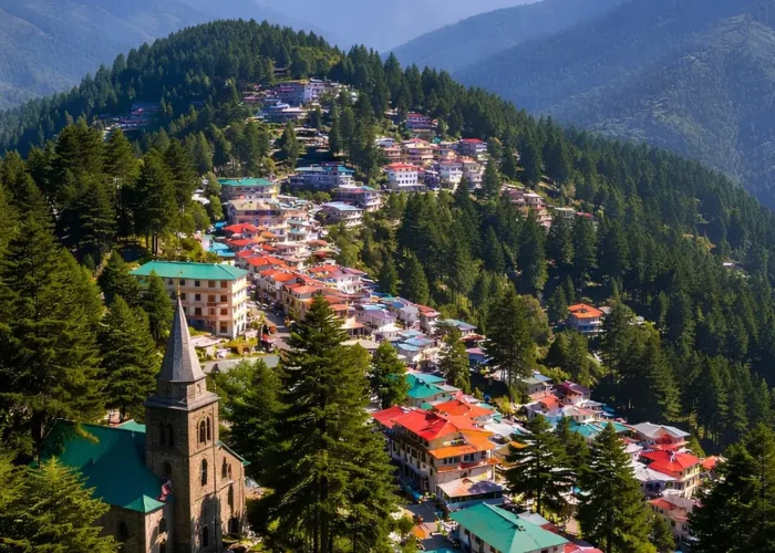 Shimla Manali Dharamshala Dalhousie package with hillside town, pine forest and snow covered Himachal mountains