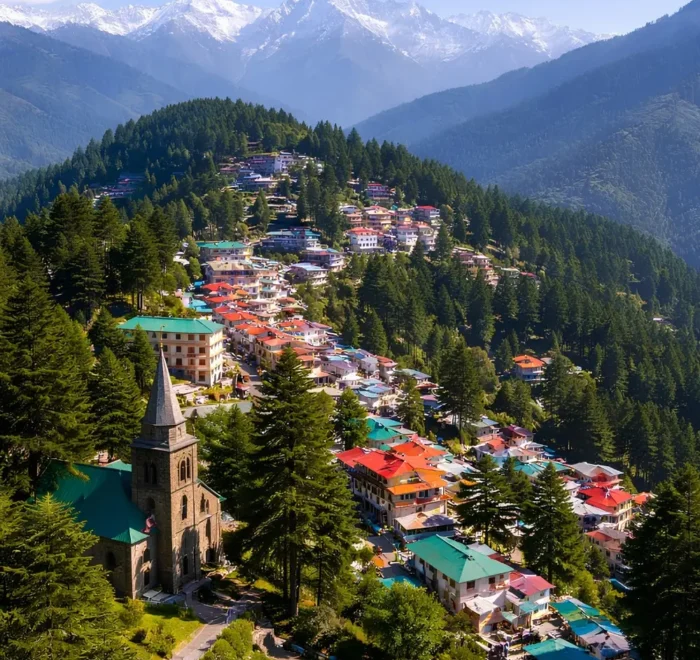 Shimla Manali Dharamshala Dalhousie package with hillside town, pine forest and snow covered Himachal mountains