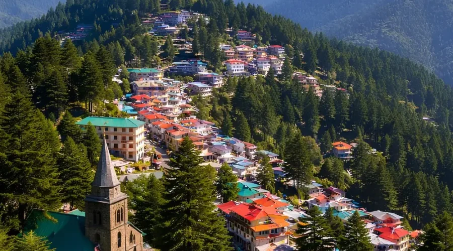 Shimla Manali Dharamshala Dalhousie package with hillside town, pine forest and snow covered Himachal mountains