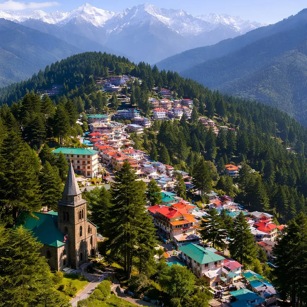 Shimla Manali Dharamshala Dalhousie package with hillside town, pine forest and snow covered Himachal mountains