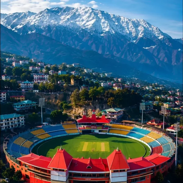 Shimla Manali Dharamshala package with mountain town, cricket stadium and snow covered Dhauladhar range views