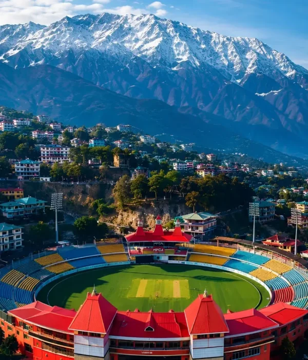 Shimla Manali Dharamshala package with mountain town, cricket stadium and snow covered Dhauladhar range views