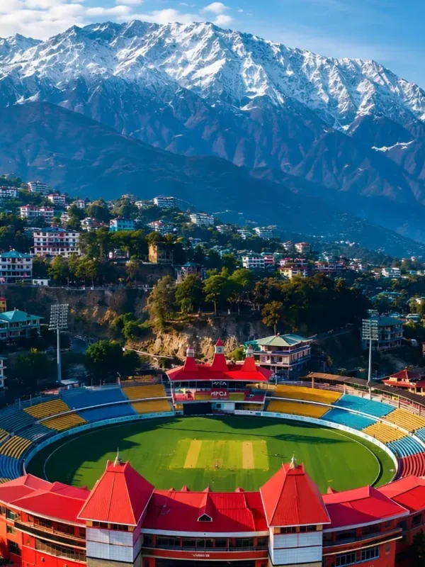 Shimla Manali Dharamshala package with mountain town, cricket stadium and snow covered Dhauladhar range views