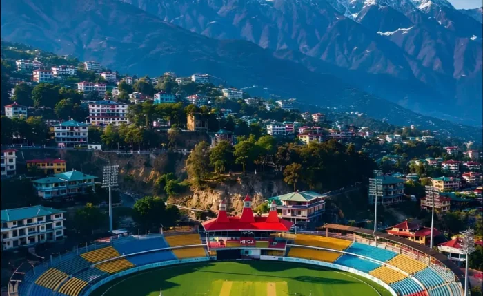 Shimla Manali Dharamshala package with mountain town, cricket stadium and snow covered Dhauladhar range views