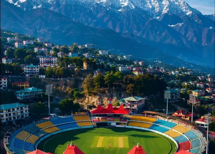 Shimla Manali Dharamshala package with mountain town, cricket stadium and snow covered Dhauladhar range views