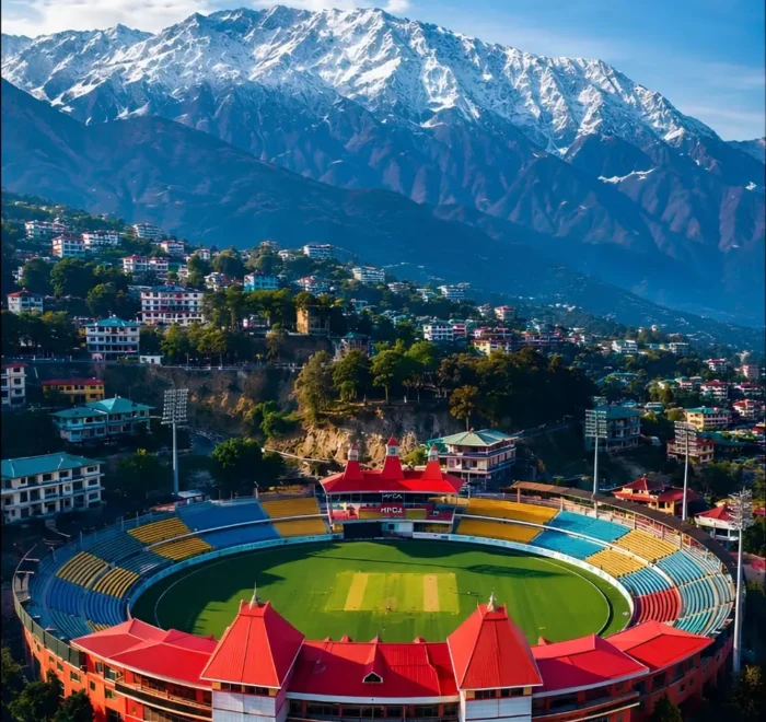 Shimla Manali Dharamshala package with mountain town, cricket stadium and snow covered Dhauladhar range views