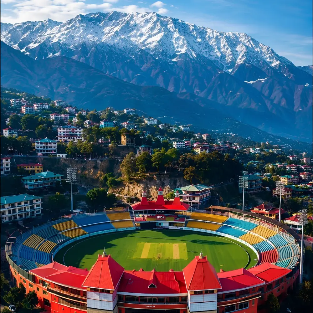 Shimla Manali Dharamshala package with mountain town, cricket stadium and snow covered Dhauladhar range views