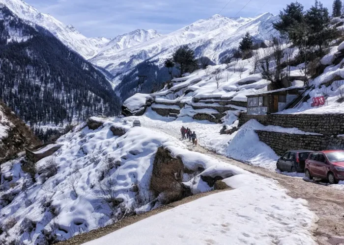 Shimla Manali package with snow covered mountains, scenic road, pine forest and beautiful Himachal winter landscape