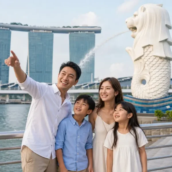 Family enjoying Singapore Merlion Park with Marina Bay Sands and waterfront view in bright daytime