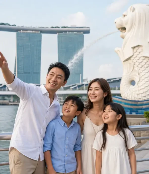 Family enjoying Singapore Merlion Park with Marina Bay Sands and waterfront view in bright daytime