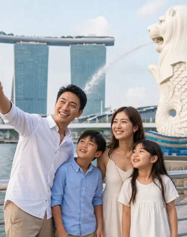 Family enjoying Singapore Merlion Park with Marina Bay Sands and waterfront view in bright daytime