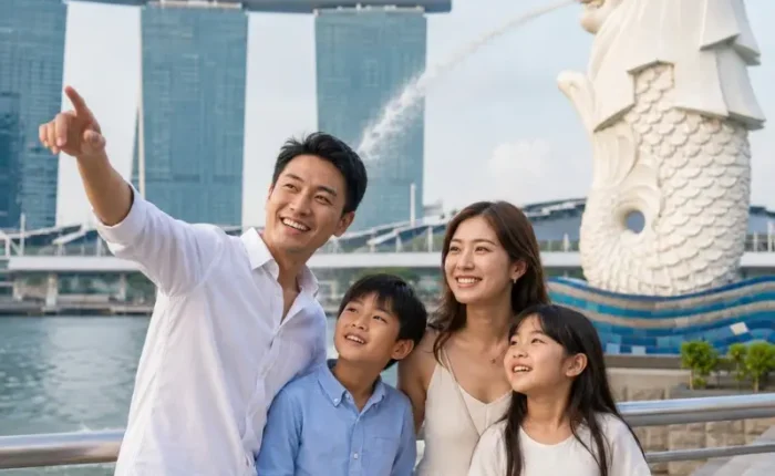 Family enjoying Singapore Merlion Park with Marina Bay Sands and waterfront view in bright daytime