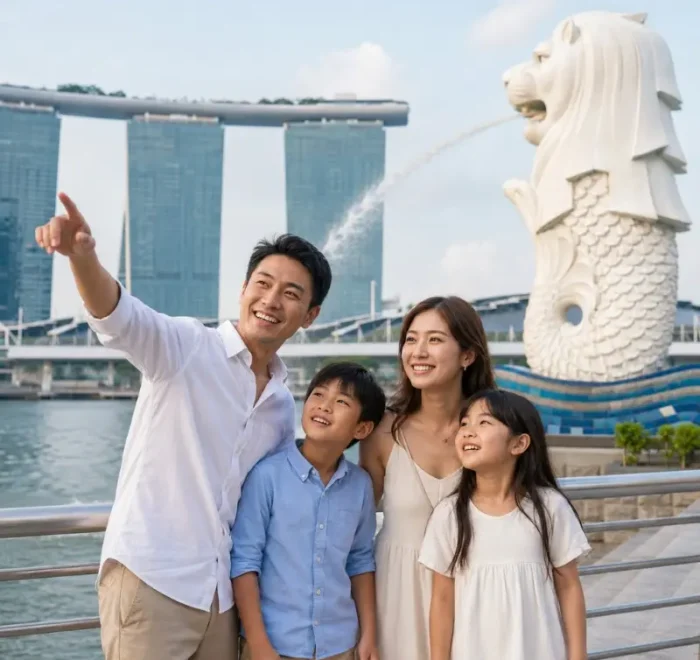 Family enjoying Singapore Merlion Park with Marina Bay Sands and waterfront view in bright daytime