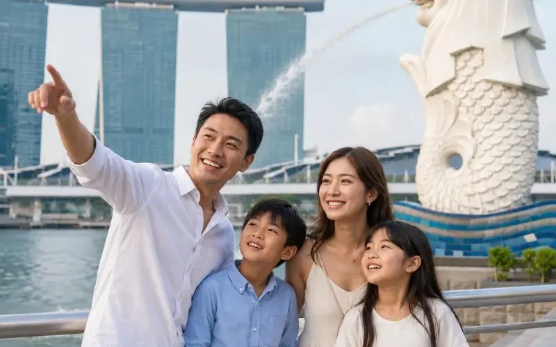 Family enjoying Singapore Merlion Park with Marina Bay Sands and waterfront view in bright daytime