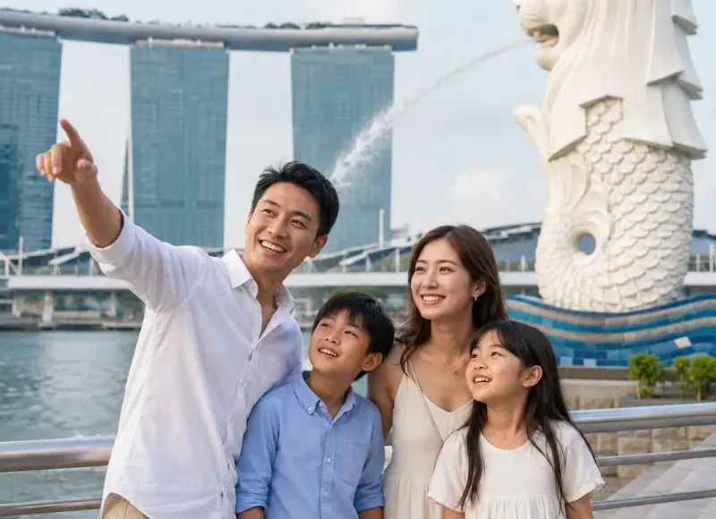 Family enjoying Singapore Merlion Park with Marina Bay Sands and waterfront view in bright daytime