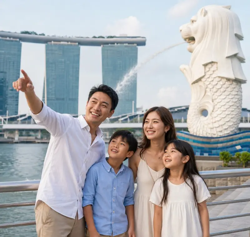 Family enjoying Singapore Merlion Park with Marina Bay Sands and waterfront view in bright daytime
