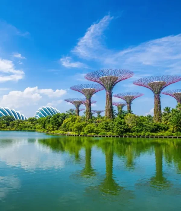 Gardens by the Bay Singapore with Supertree Grove, Flower Dome and lakeside reflection in bright daylight