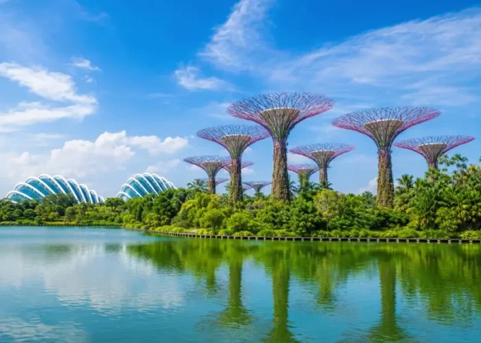 Gardens by the Bay Singapore with Supertree Grove, Flower Dome and lakeside reflection in bright daylight