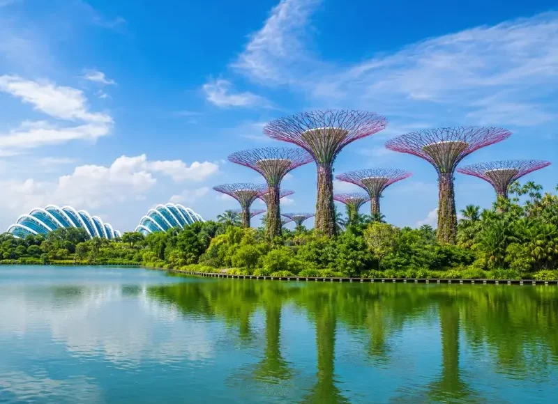 Gardens by the Bay Singapore with Supertree Grove, Flower Dome and lakeside reflection in bright daylight