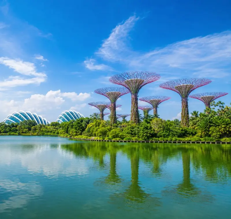 Gardens by the Bay Singapore with Supertree Grove, Flower Dome and lakeside reflection in bright daylight