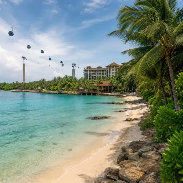Sentosa Island Singapore beach with cable cars, turquoise water, palm trees and resort view in daylight
