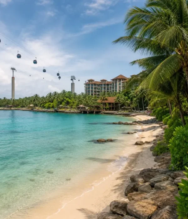 Sentosa Island Singapore beach with cable cars, turquoise water, palm trees and resort view in daylight
