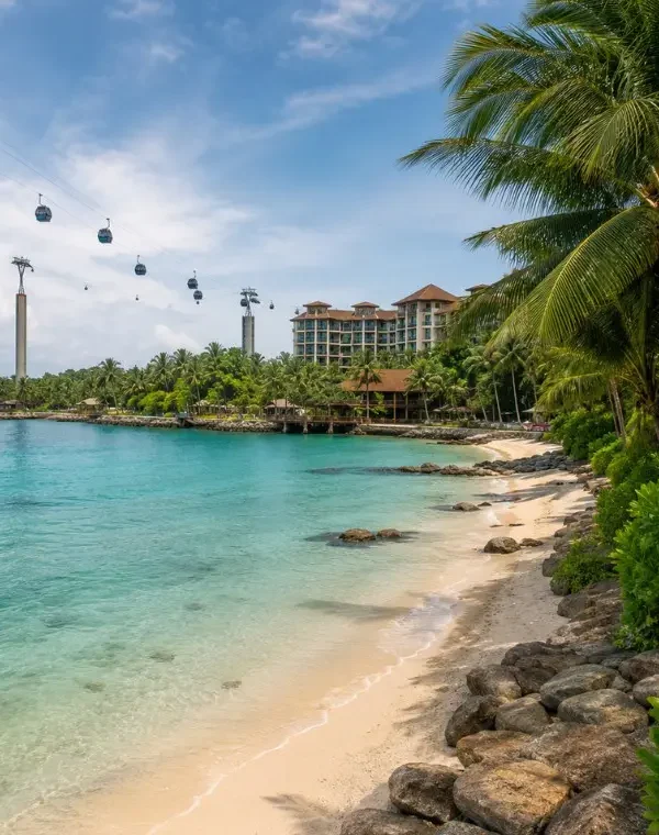 Sentosa Island Singapore beach with cable cars, turquoise water, palm trees and resort view in daylight