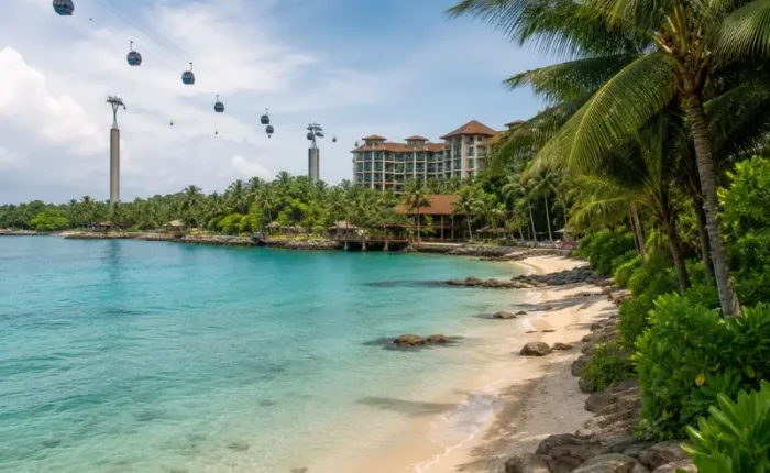 Sentosa Island Singapore beach with cable cars, turquoise water, palm trees and resort view in daylight