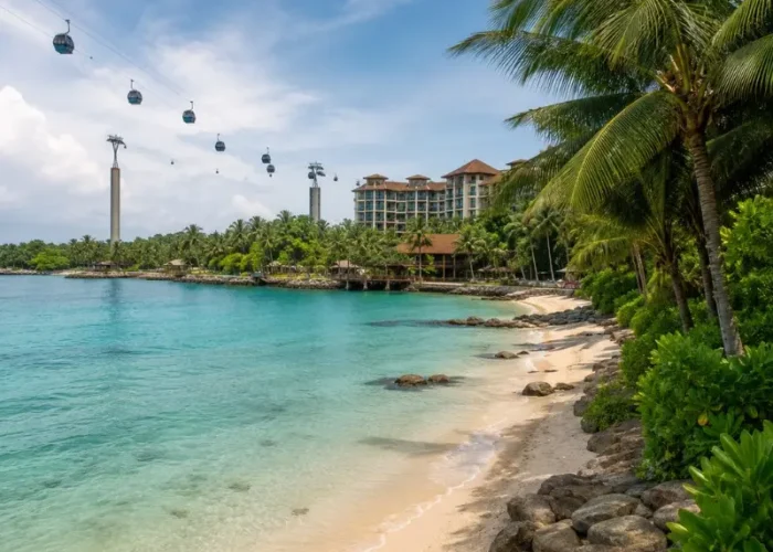 Sentosa Island Singapore beach with cable cars, turquoise water, palm trees and resort view in daylight